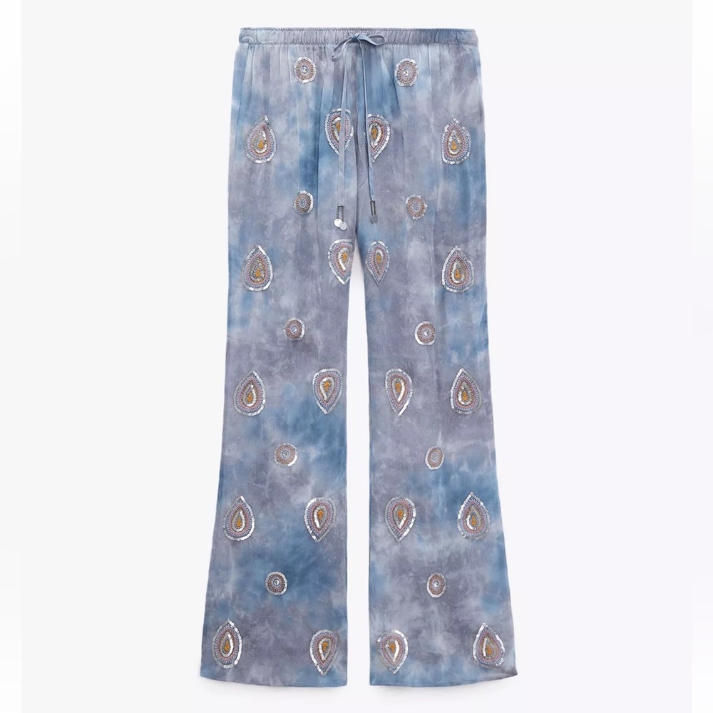 Zara - Limited Edition Tie Dye Embellished Pants, Purple Sequin